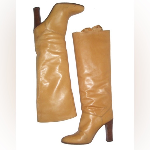 SOLD VTG Beltrami Made In Italy Beige Knee High Leather Boots - Picture 1 of 7